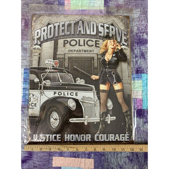 Police Protect & Serve Sexy Girl Tin Metal Sign Man Cave Garage Decor 12.5 x 16 - Picture 2 of 3